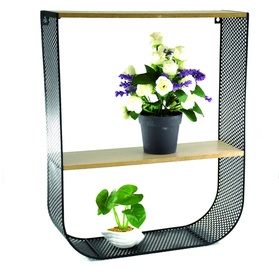 
High quality wire metal solid hexagonal shelf wall rack shelf wooden metal 