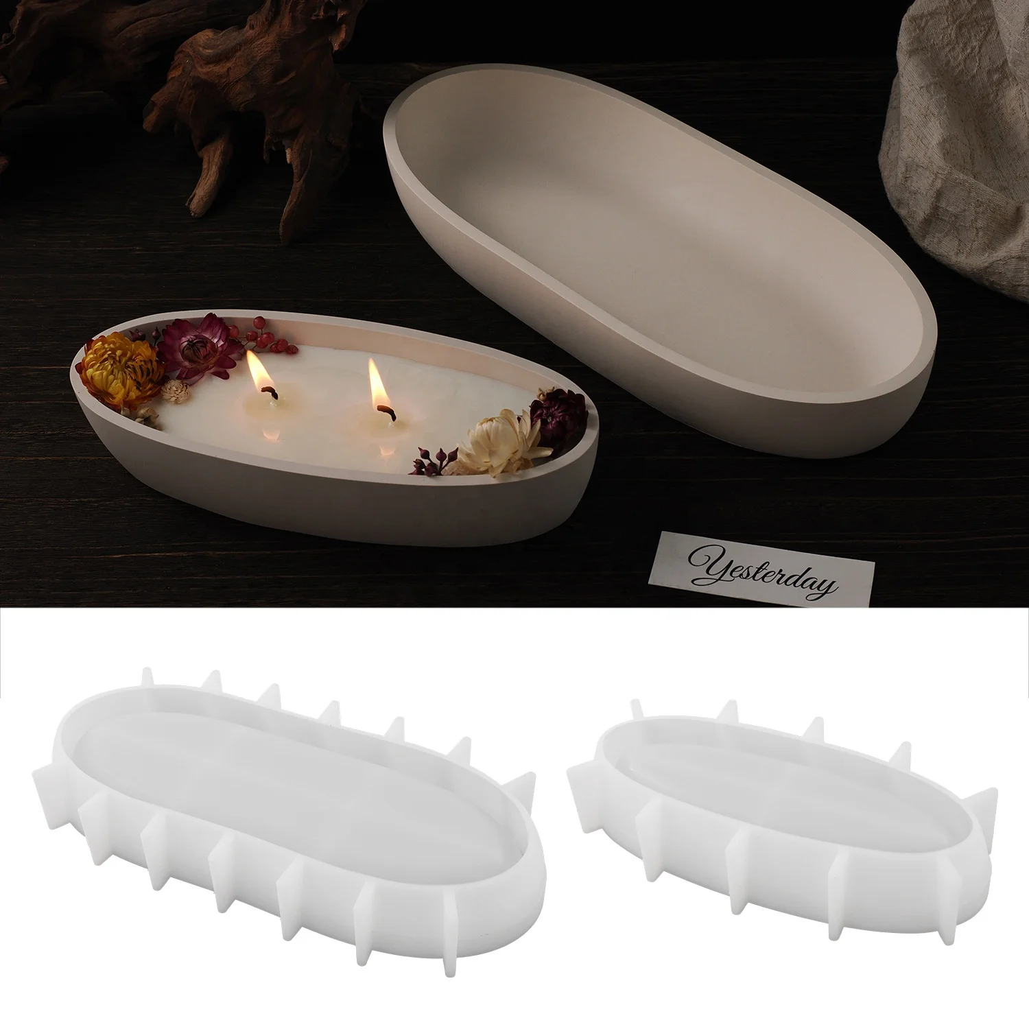 CARATTE Boat Shape Succulent Plant Pot Silicone Mold Oval Tray Cement Candle Vessel Mold for Art Crafts
