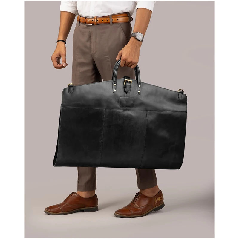 Personalized Black Leather Suit Carrier Foldable Garment Bag for Business Travel Large Garment Bags with Strap for Business