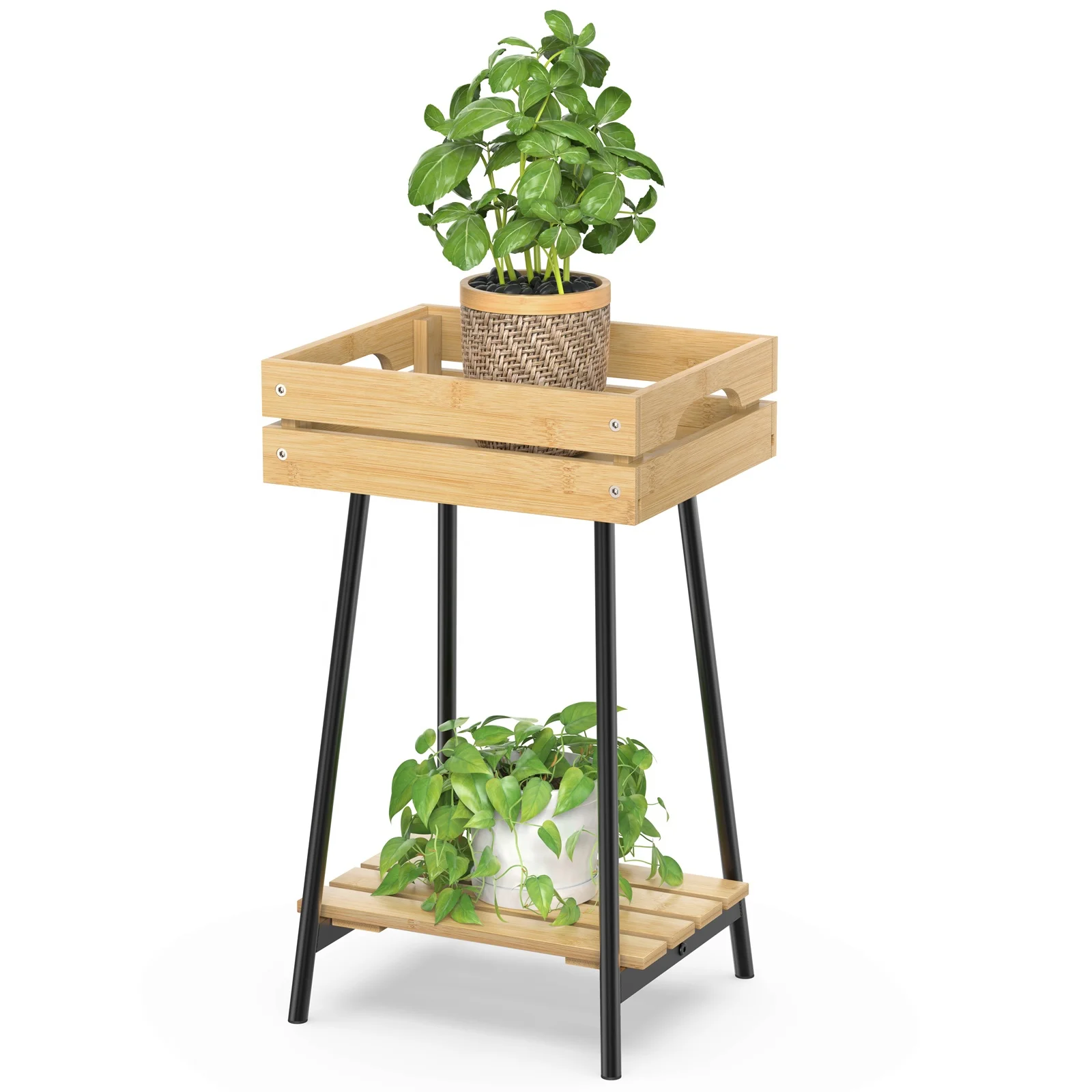 Metal Shelf Bamboo Planter Boxes Small Wooden Bamboo Raised Garden Bed Planter Boxes Shelf With Metal Frame For Outdoor Balcony