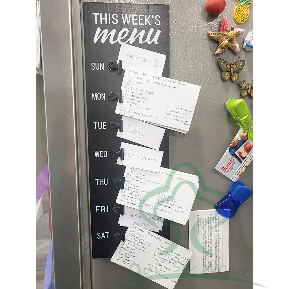 Rustic Menu Planner Wood Sign with Clips and Mini Sticky Note Vintage Farmhouse Kitchen Refrigerator Chalkboard Magnet Display