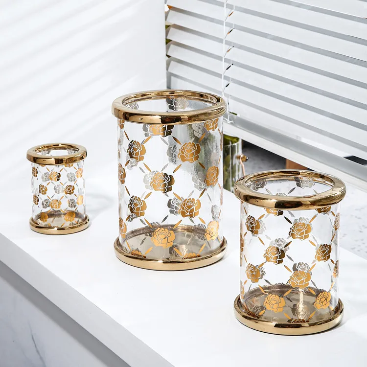 Cylindrical clear gold rim candle jar with lid luxury flower decal glass candle jars
