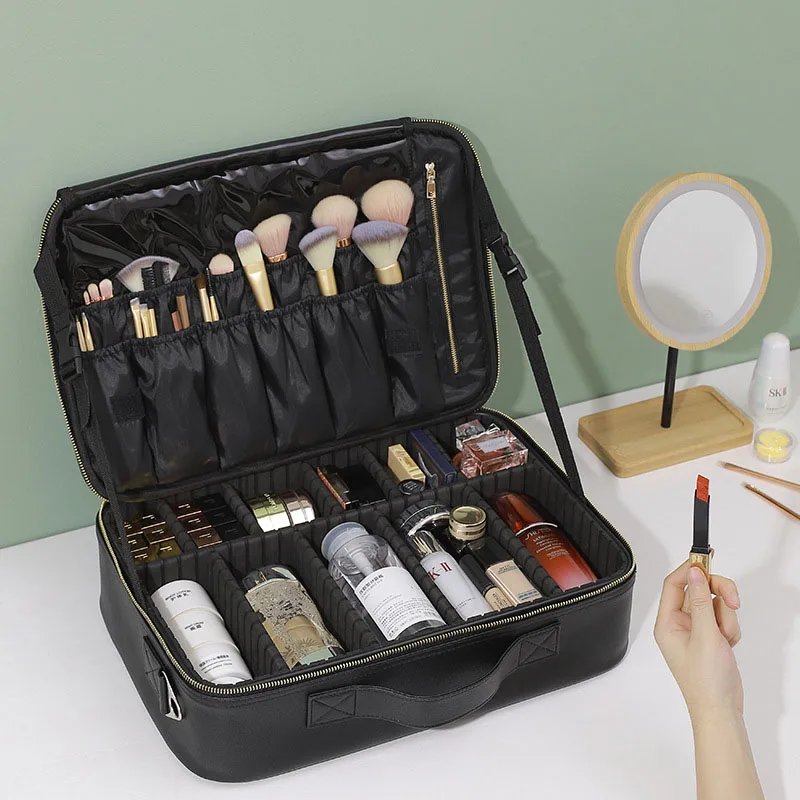 
Travel Makeup Train Case Makeup Cosmetic Case Organizer Portable Artist Storage Bag with Adjustable Dividers for Cosmetics 