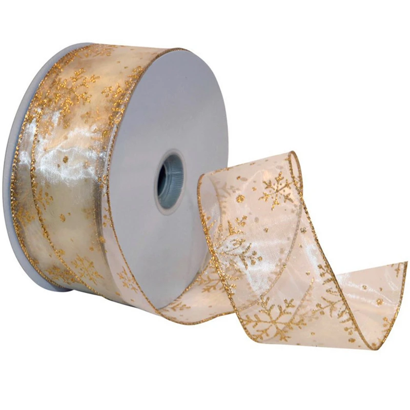 NX268 Custom high quality gold foil printed satin organza edge ribbon with logo Christmas