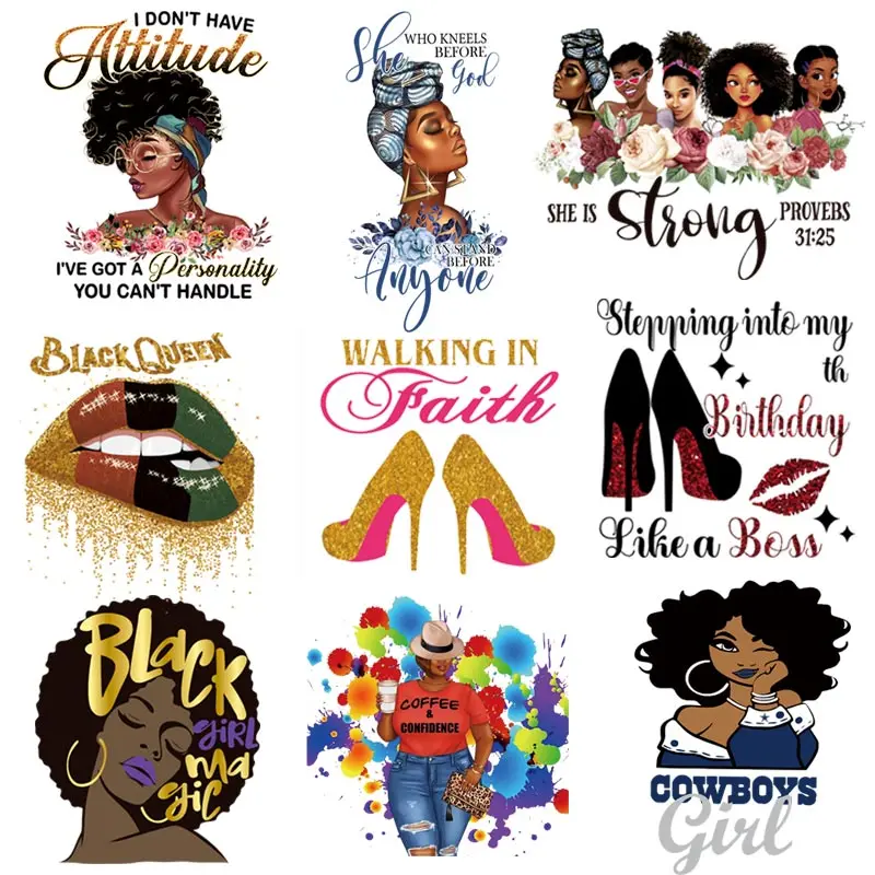 Оптовая продажа наклейки для переводки одежды с помощью утюга стирающаяся Женская футболка «сделай сам» Термотрансферная красивая черная девушка