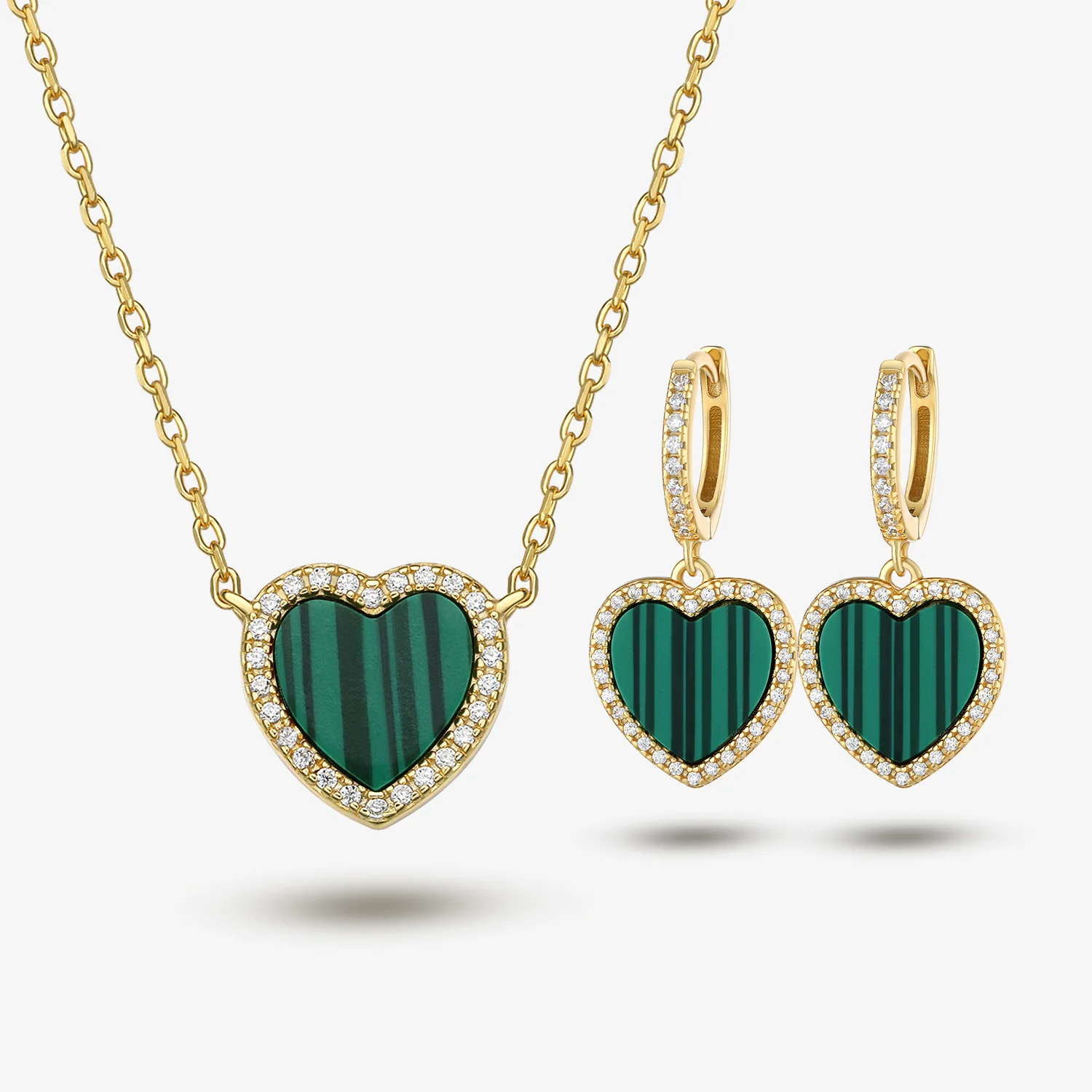 Custom Hot Sale Heart Jewelry Set Trendy Gold Plated 925 Sterling Silver Malachite Red agate Heart Earrings Necklace Jewelry Set