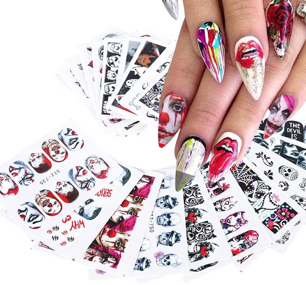 Free Shipping 25 Sheets Halloween Nail Stickers Day of The Dead Water Transfer Nail Decals Skull Ghost Eye Skull Eye Spider