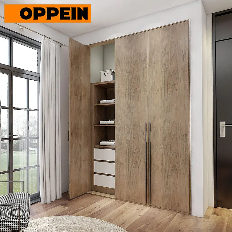 OPPEIN Modern Wood Color Melamine Swing Door Bedroom Wardrobe for Sale