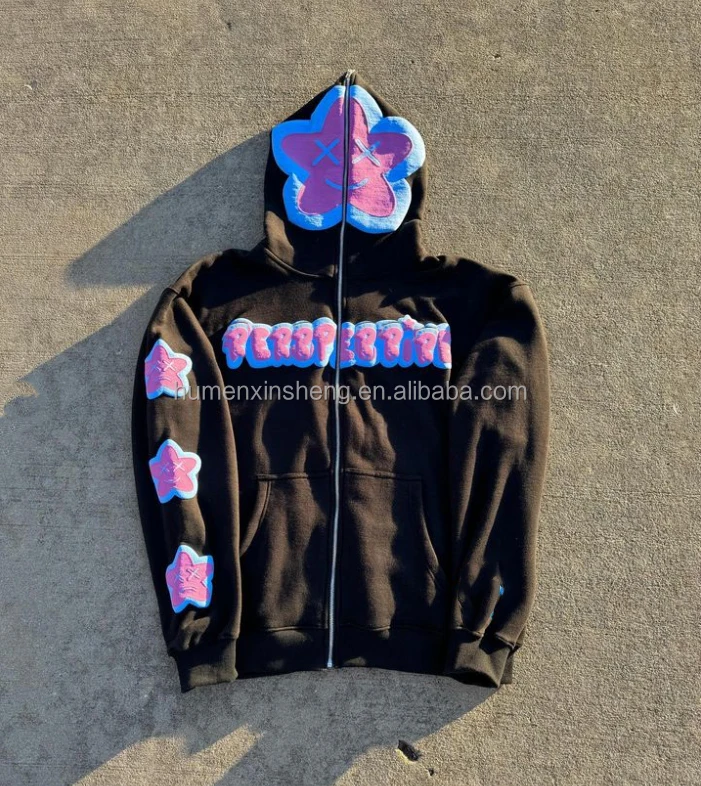 Cloth manufacture custom unisex loose heavyweight french terry plus size cropped full face zip up puff print hoodie men