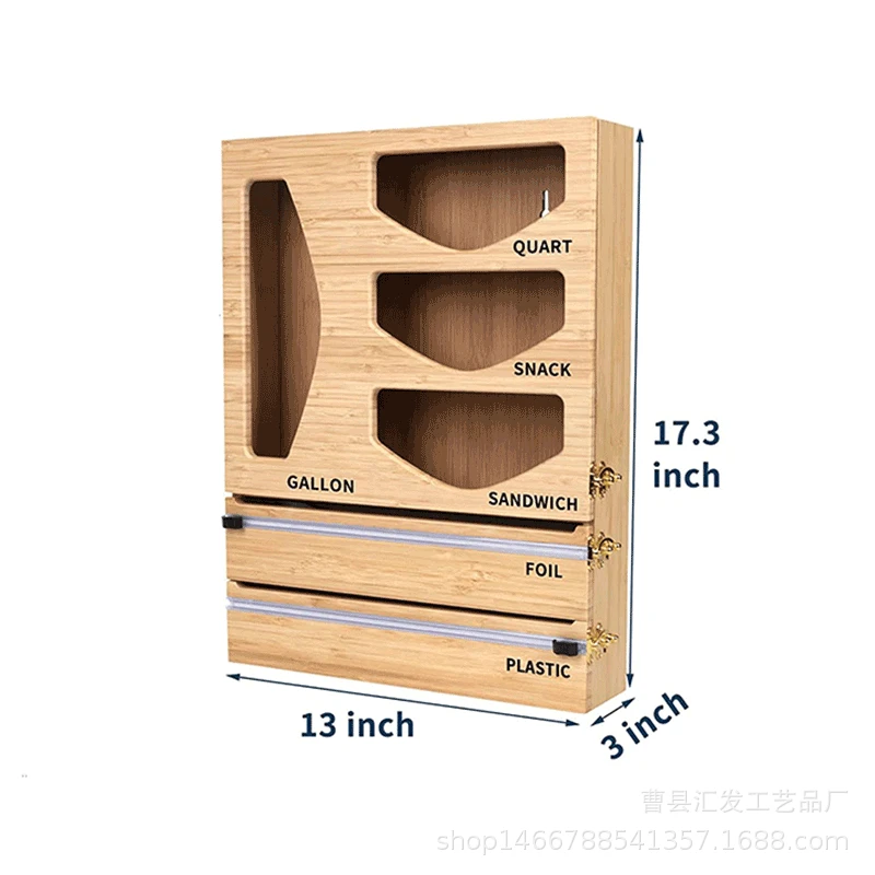 Wall Mount Bamboo Wrap Foil And Plastic Ziplock Food Ziplock Zip Lock Bag Storage Organizer And Dispenser With Cutter And Labels