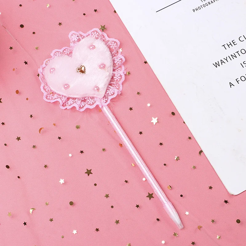 Korean Creative Pink Heart Ballpoint Pen Bow Heart Plush Ballpoint Pen For Student Gifts