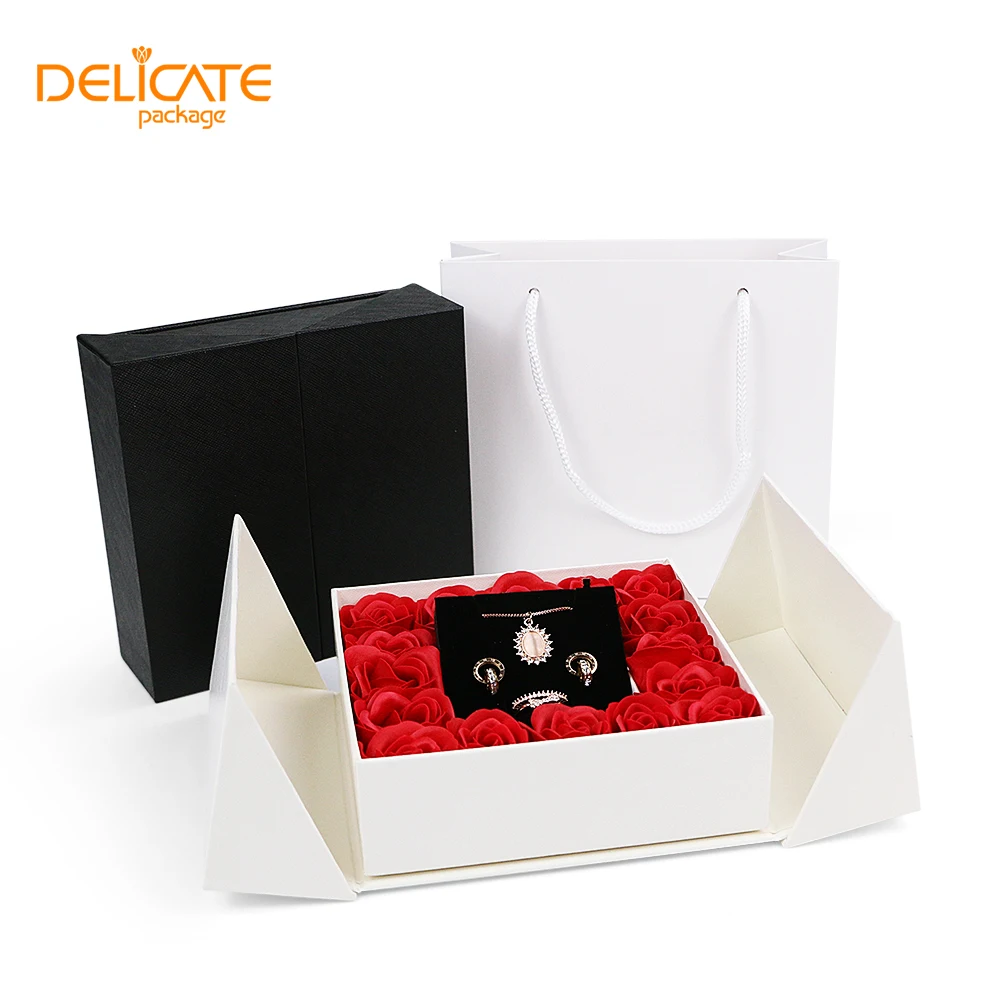 Factory Customized Black Jewelry Packaging Box Greeting Card Paper Bag Rose Flower Box Set Gift
