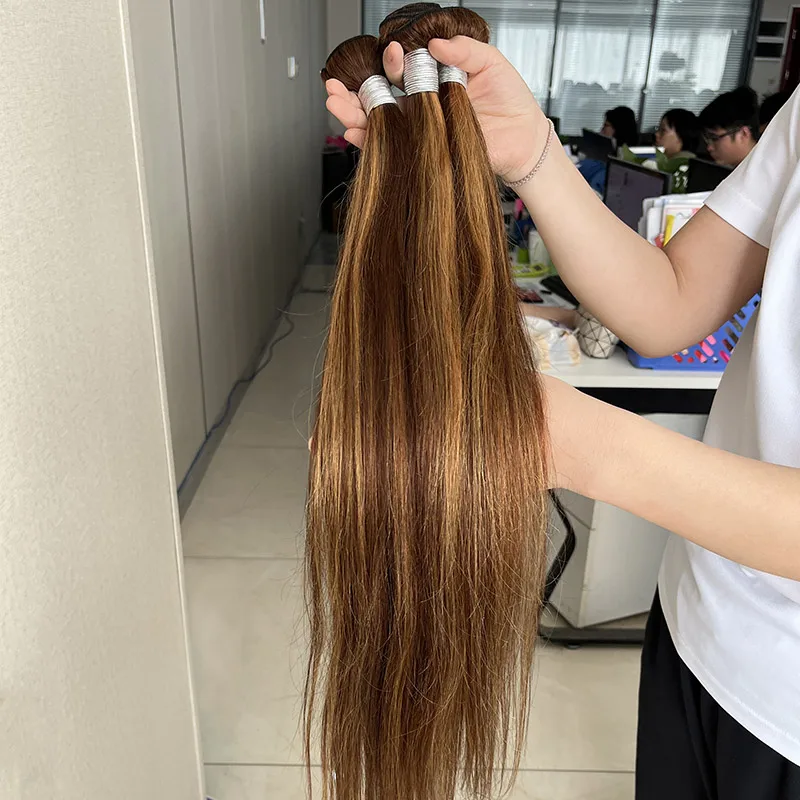 P4/27 Piano Highlight 100g Body Wave Bone Straight Brazilian Double Drawn Mixed Color raw Human Hair Weave Bundle with closure