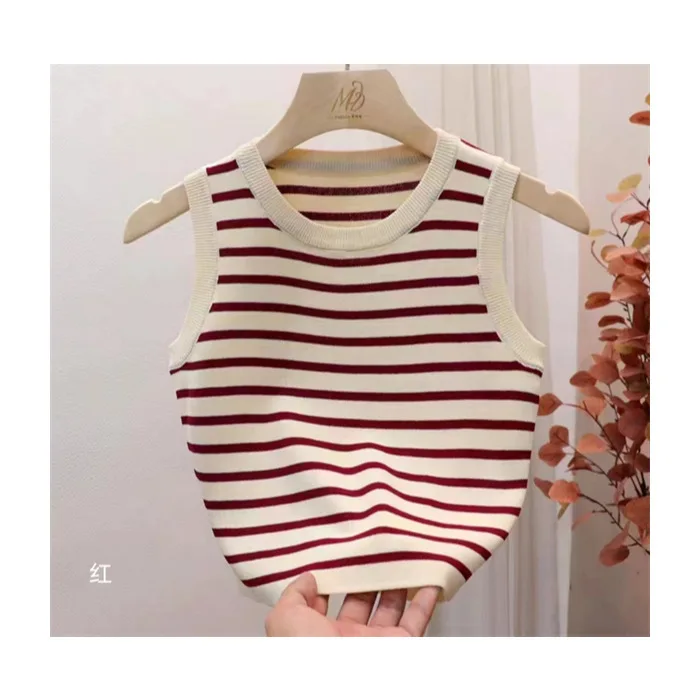 2024 Europe Fashion Summer Vest Women O-neck Sleeveless Stripped Vest Solid Color Slim Knitted Daily Casual Lady All-Match Vest