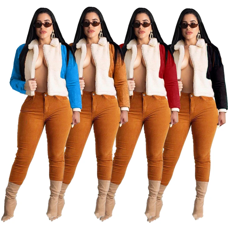 Fashion Ladies Tops Jacket Long Sleeve Fleece Faux Fur Patchwork Cardigan Winter Women Coats