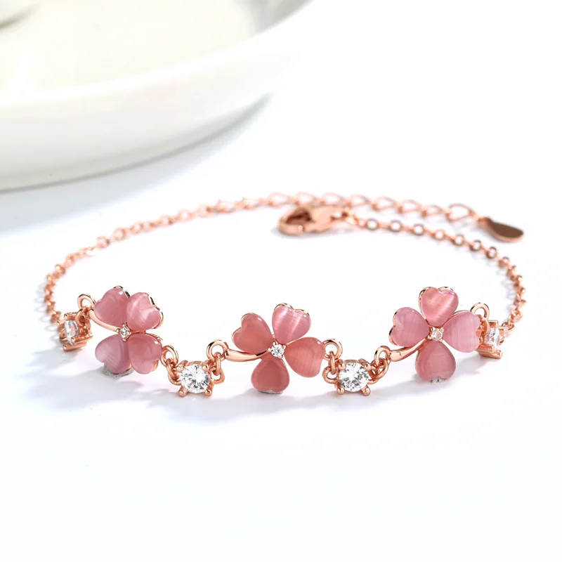 Clover Bracelet Women 925 Sterling Silver Heart Shaped Pink and White Crystal Sweet Bracelet