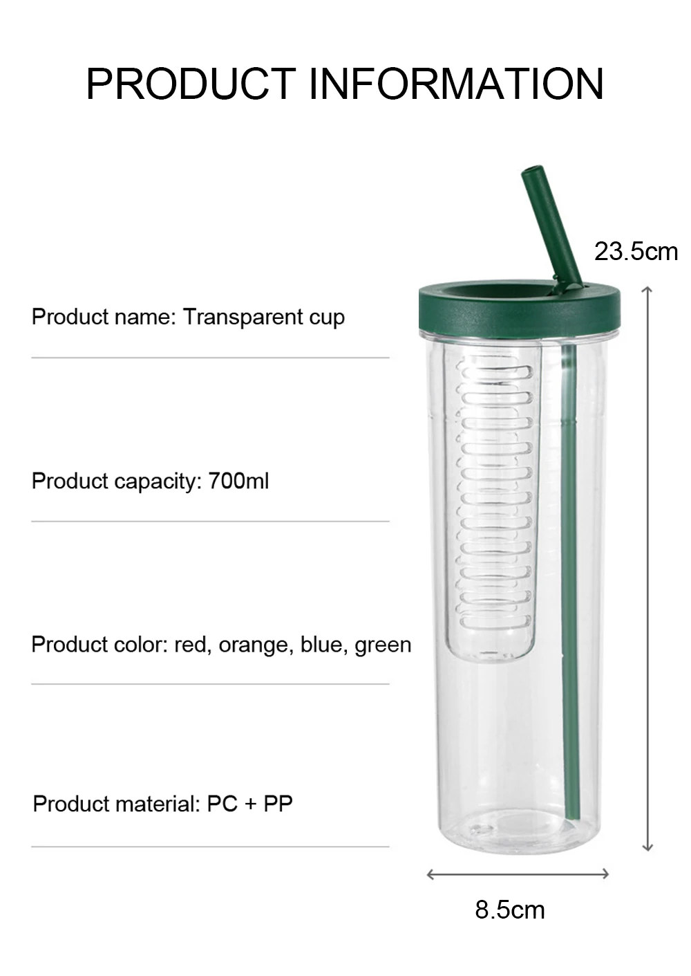 Portable Transparent Plastic Tea Infuser Water Bottle Filter Cup Fruit Infuser Strainer Bottle Plastic Water Bottle With Straw