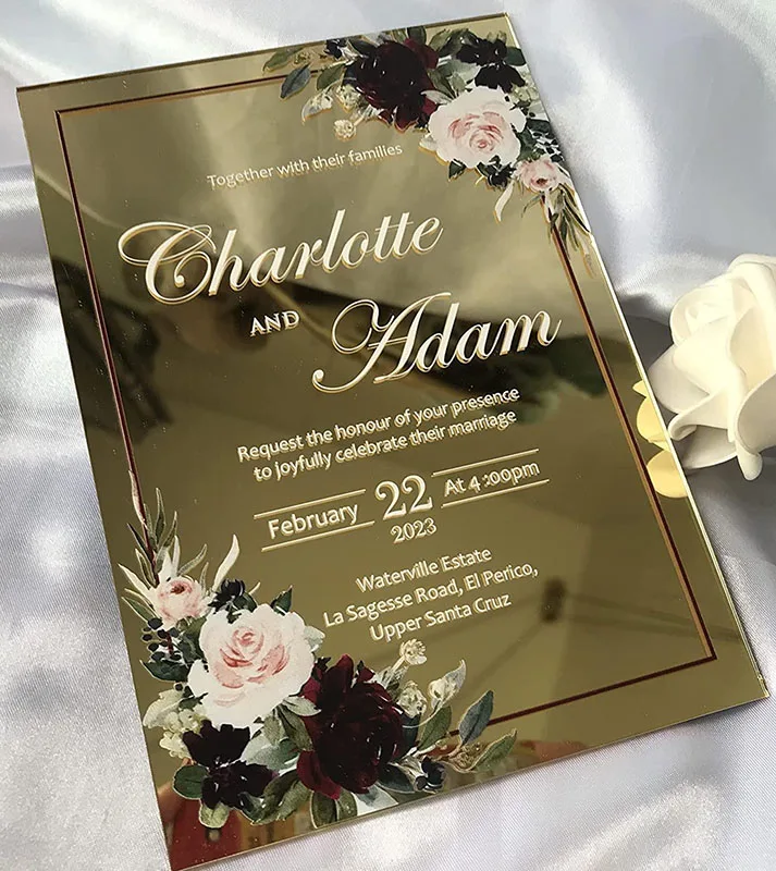 Factory Custom Silver Mirror Acrylic Wedding Invitations Gold Mirror Card Luxury Wedding Idea Mirrored Invitations