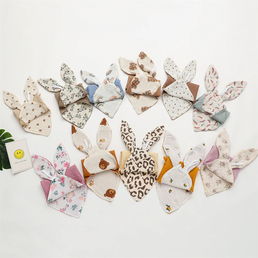Baby Print Comforting Towel Rabbit Ear Pure Cotton Baby Blanket Double-layer Square Saliva Burp Towel 30*30cm