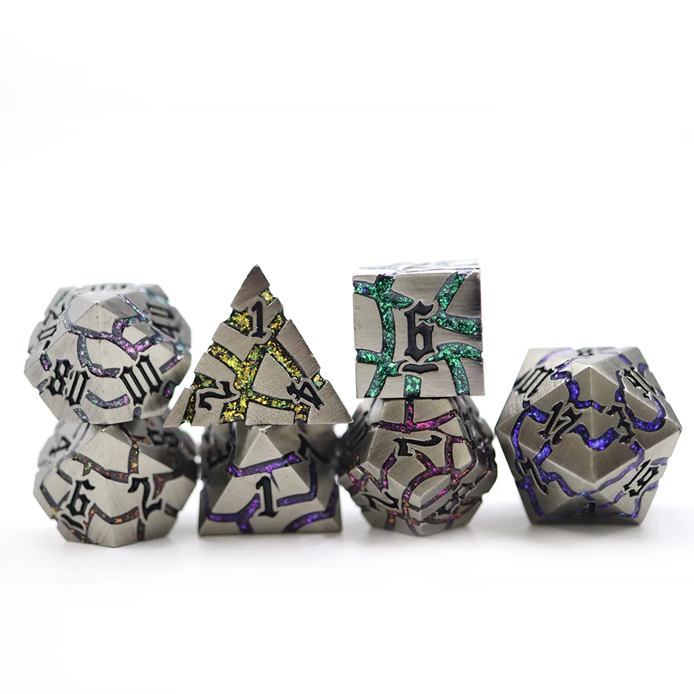 Polyhedral Dice Starry Green Blue Colorful Mica Glitter Sharp Edge Cracked Dice Set With Black Number For Dnd Board Game