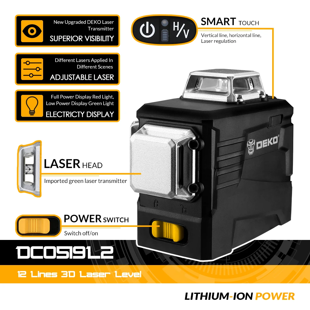 DEKO DKLL12PB2-S1 3D 12 линий зеленый лазерный луч нивелир самовыравнивания 505nm измерительный инструмент для строительства дома картины висит