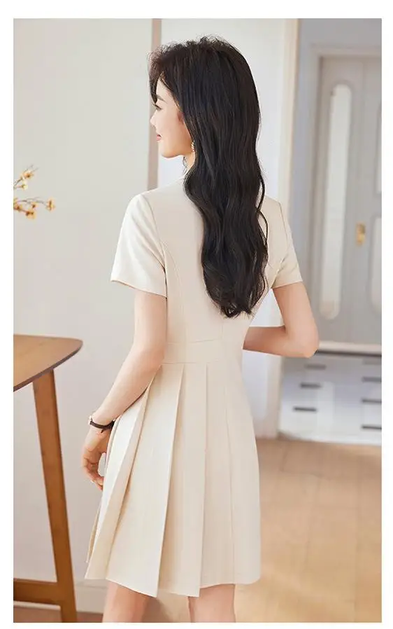 Women Office Suit Dress Solid Short Sleeve Pleated Trimmed Dress for Work Wholesale Plus Size Natural Woven Simple Midi Formal