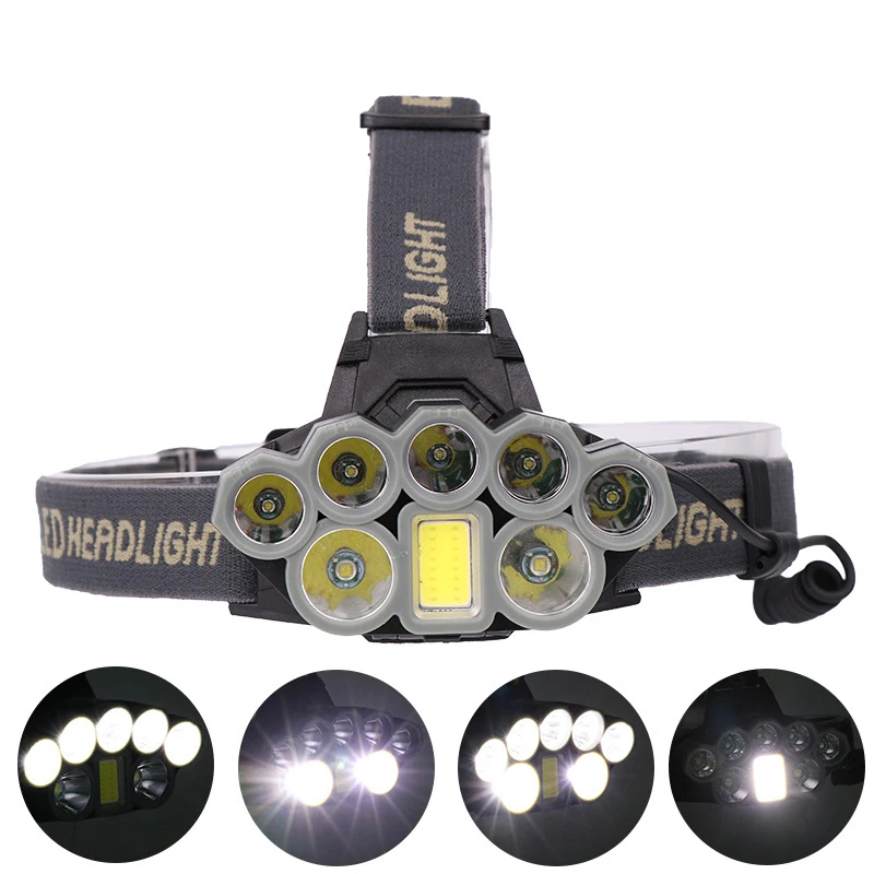 1COB+2T6+5XPE lamp beads usb rechargeable 8 led headlight 6 modes waterproof headlamp