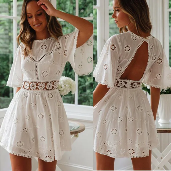 2022 Summer Women New Elegant White Floral Embroidery Cotton Dress Casual Fashion Backless Short Mni Dresses High Waist Beach