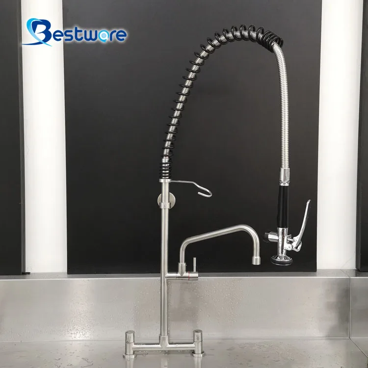 High Quality Commercial Kitchen Faucet Pre-Rinse Stainless Steel with Dual Handle Pull down Sprayer Heavy Duty Ceramic Valve