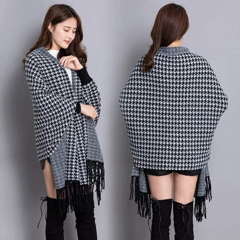 Wholesale Latest Classic Winter Women Acrylic Thick Pashmina Scarf Cashmere Houndstooth Blanket Shawl Poncho Cape Cloak