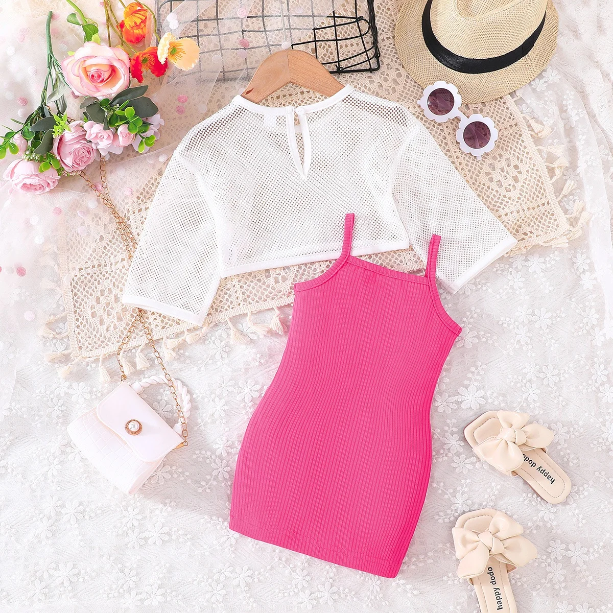 Wholesale High Quality Toddler Girl Clothes Long sleeved mesh top + Hangtag dress Fashion 2 pieces Outfits Sets