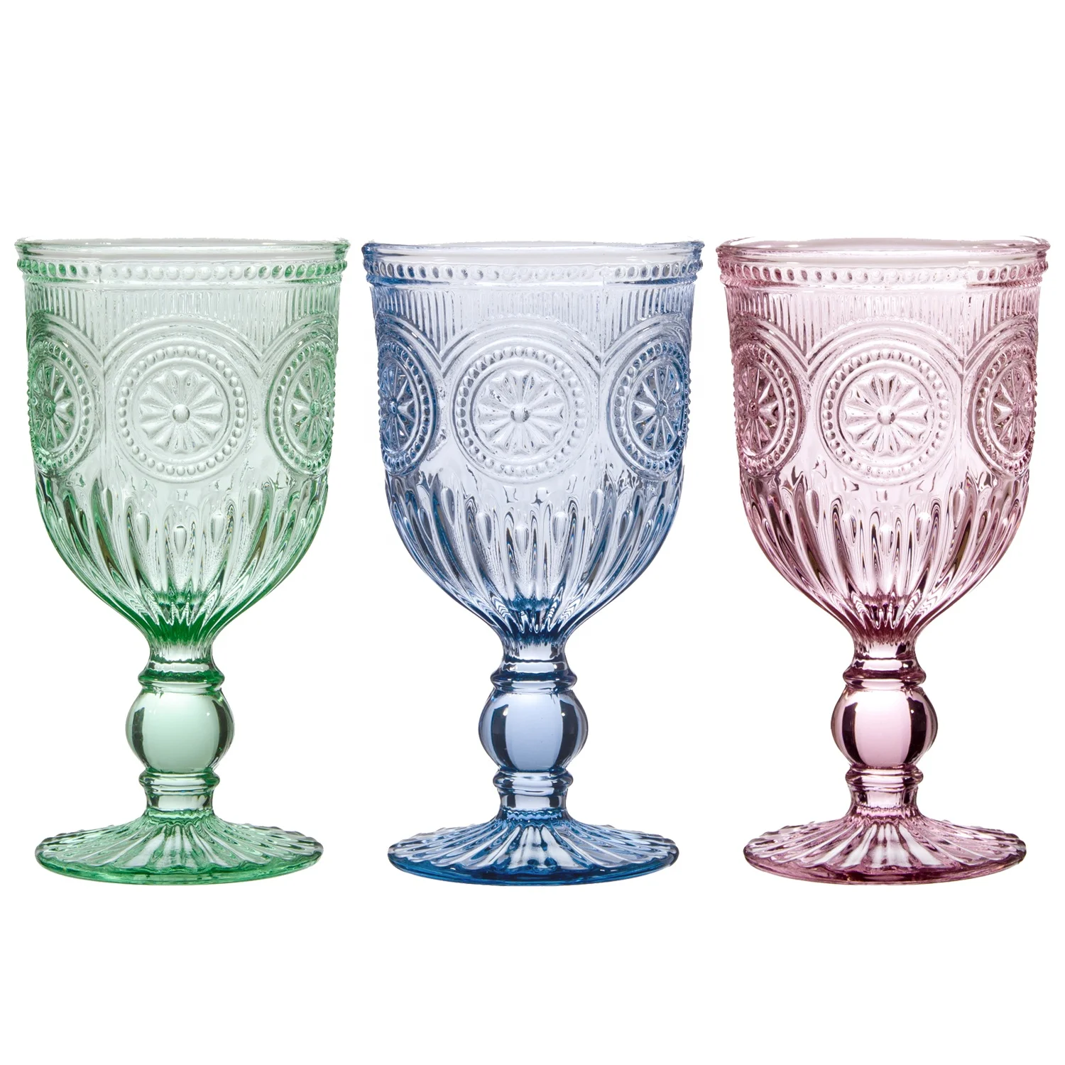 Mexico Style 550ml Pressed Sunflower pink Colored Vintage Embossed Red Wine Goblet Glasses Set