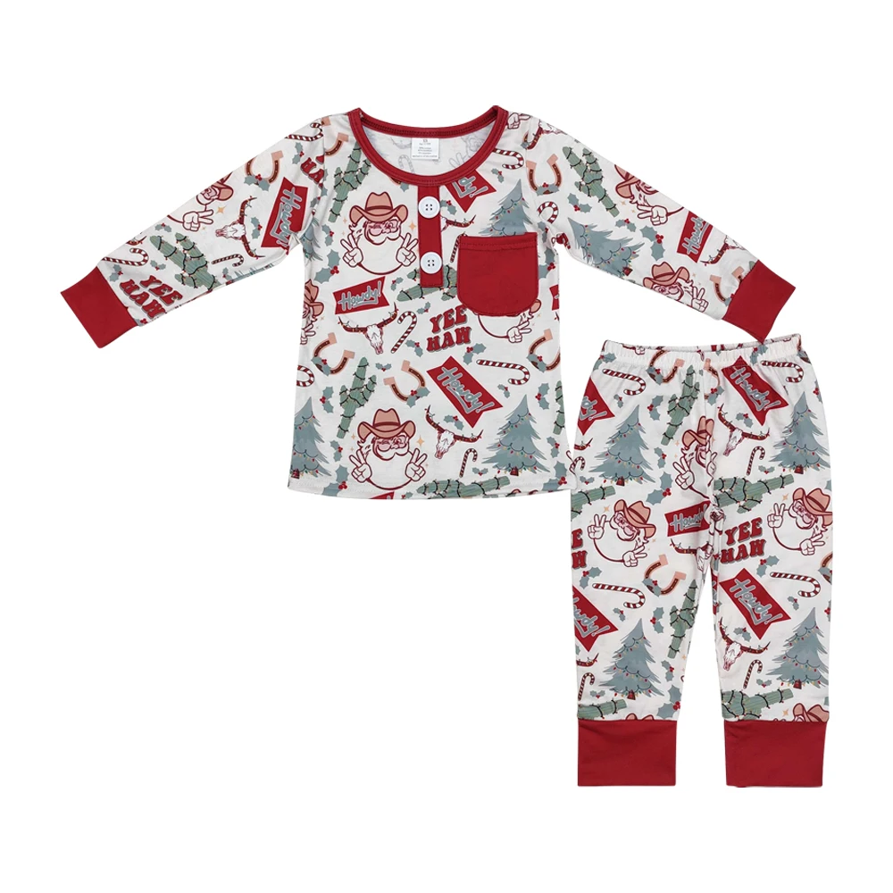 BLP0620 Modal Santa Cactus Cow Head Pocket Beige Long Sleeve Pants Pajama Set Bamboo Zippy Cotton Animal Print Casual Style