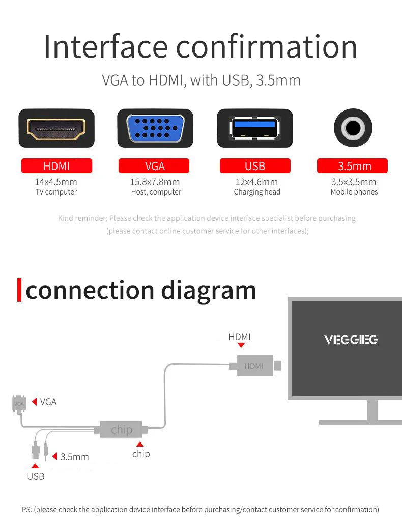 Veggieg Hot Selling Gold-Plated Connector For VGA To HDMI Male To Male Cable With Audio And Power Cable 1.5M 2M 3M