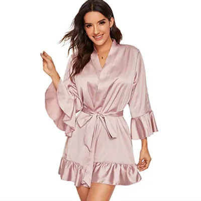 Wholesale Price Girl Night Dress Satin Plain Short Kimono Sexy Black Satin Robe