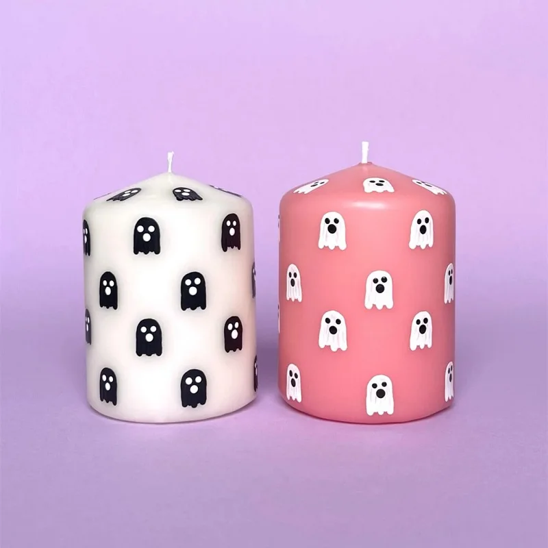Huaming 2-Inch Cylinder Halloween Ghost Soy Pillar Candles Handmade Festival Decor Cute Cartoon Stickers Paraffin Christmas
