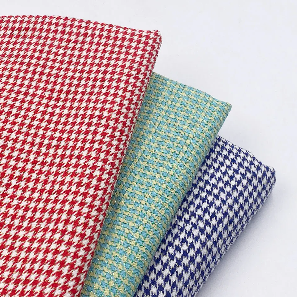 Fancy shiny silver yarn dyed red green blue 95% cotton 5% lurex houndstooth flannel fabric for fashion shirt