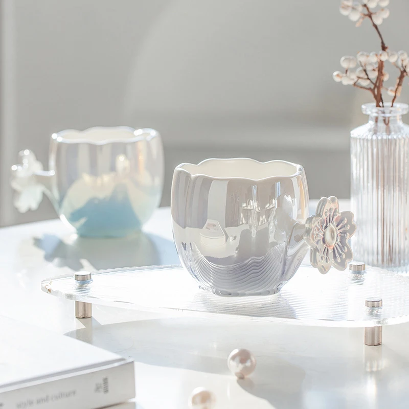 Wholesale New Fashion Flower Shaped Cute MIlk Cup Ceramic Coffee Mugs With The Scoop