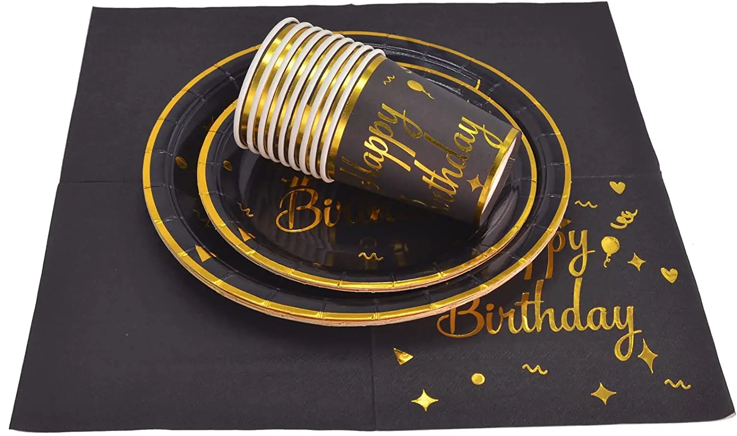 Black Paper Plate Cups Napkins Happy Birthday Plates Decoration Disposable Tableware Set Party Supplies