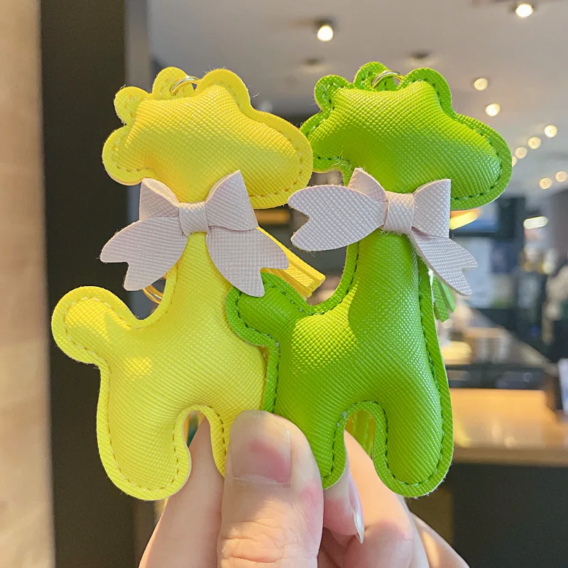 Cute Animal Giraffe PU Leather Keychain For Women Bowknot Tassels Trinket Metal Keychains Car Bag Pendent