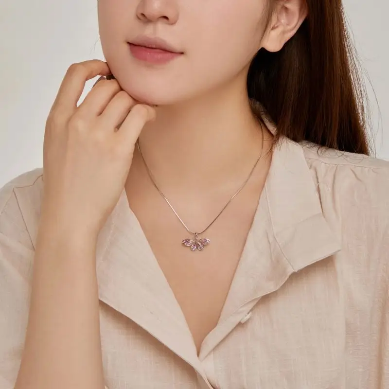 Dylam Exquisite Pink Dragonfly Pendants For Women Necklace Hollow Butterfly Snake Chain Link Colourful Cubic Zirconia Necklaces