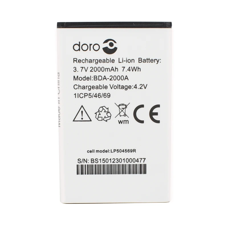 3.7V 2000mAh BDA-2000A Replacement Battery for Doro Liberto 825 8031 822 8030 Rechargeable Li-ion battery