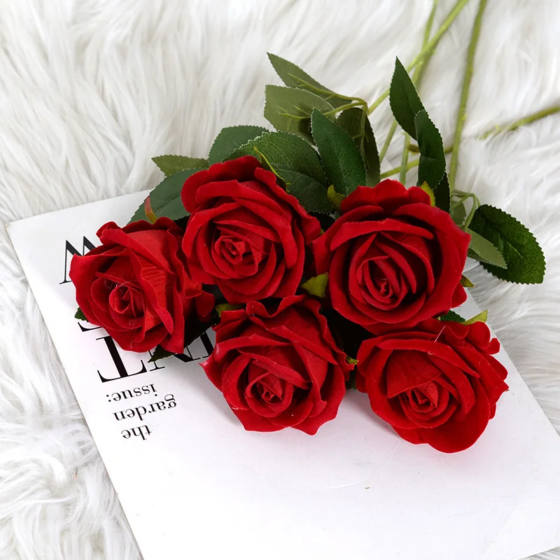 Amazon New Hot Sale Single Velvet Red Rose Bulk Wedding Decorative velvet rose flowers artificial
