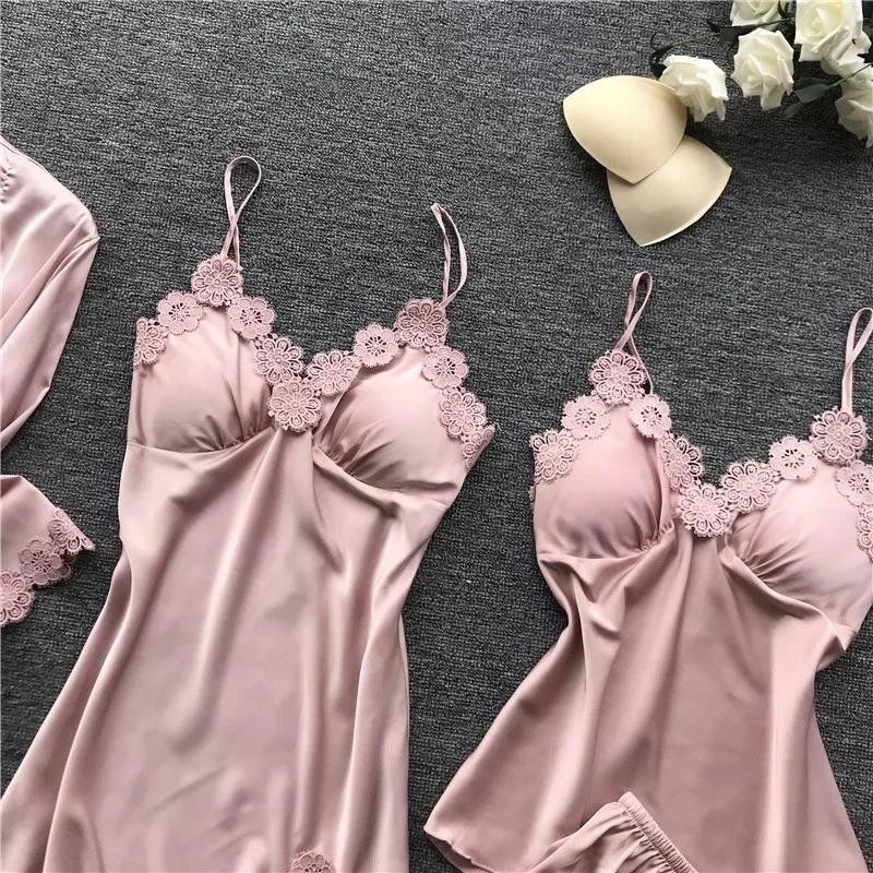 Wholesale Women Four Pieces Lace Sleepwear Elegant Silk Satin Pajamas Set 4 Home