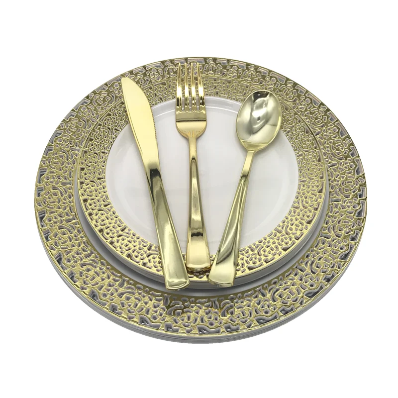 Gold Lace Design 125 Piece Plastic Disposable Dinnerware Set