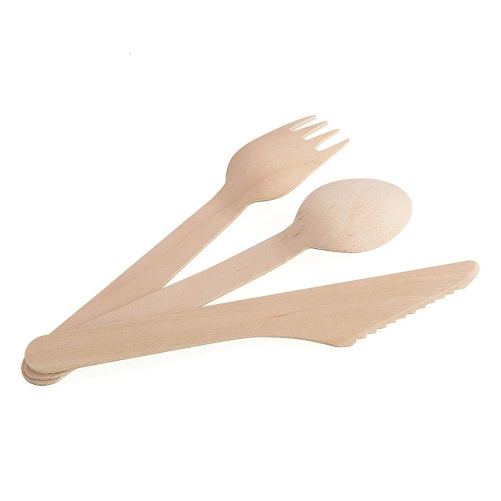 100PCS Eco Friendly 100% Compostable Biodegradable Natural Wooden Utensils Cutlery Set Tableware Sets
