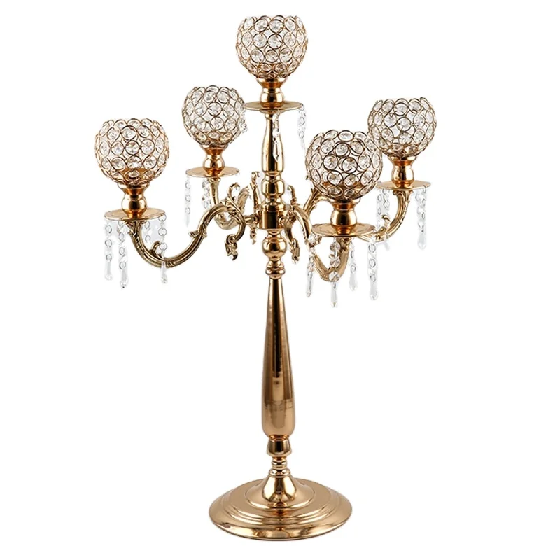 Metal5 Arms Gold Candelabra Wedding Table Centerpieces Crystal Candle Holders for Home Hotel Coffee Shop Christmas Decoration