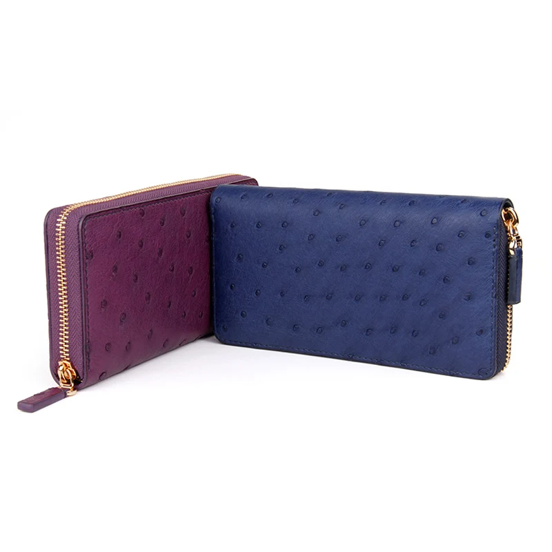 OEM Dompet Custom Luxury Design High End Quality Women Genuine Ostrich Skin  Leather Long Zip Zipper Clutch Wallet  Purse