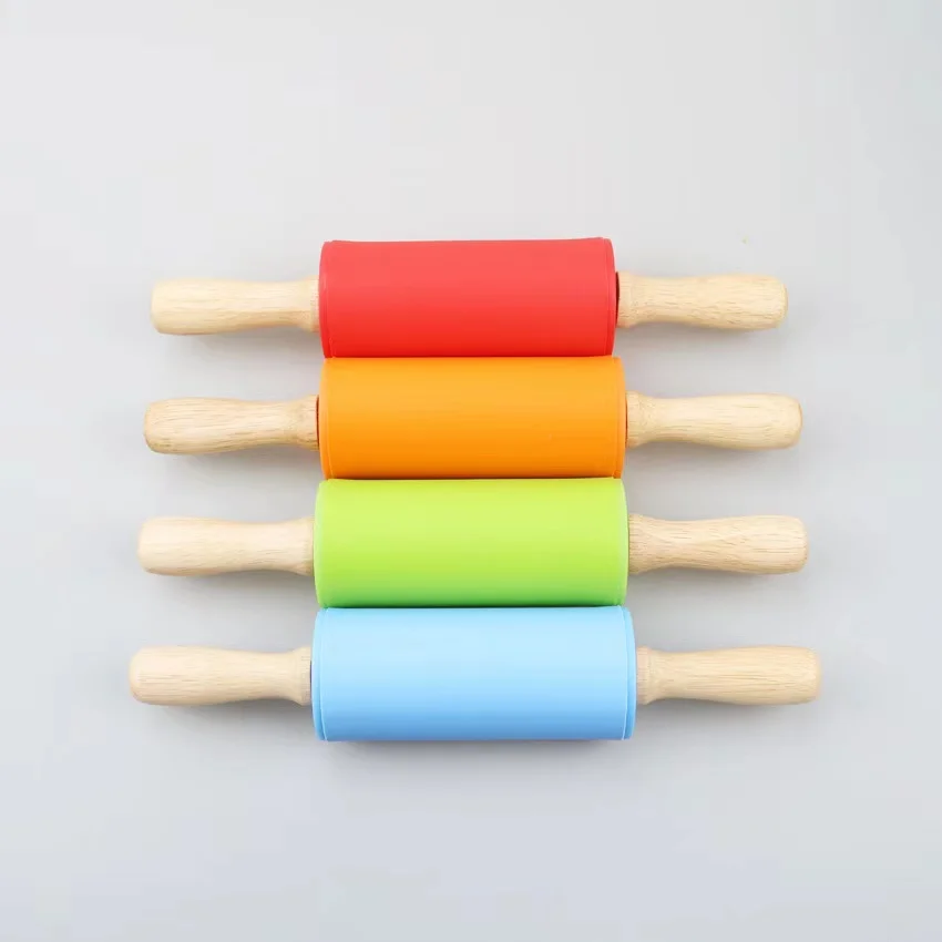 Kitchen Tools Mini Silicone Rolling Pin With Wood Handles Backing Dough Roller Tools
