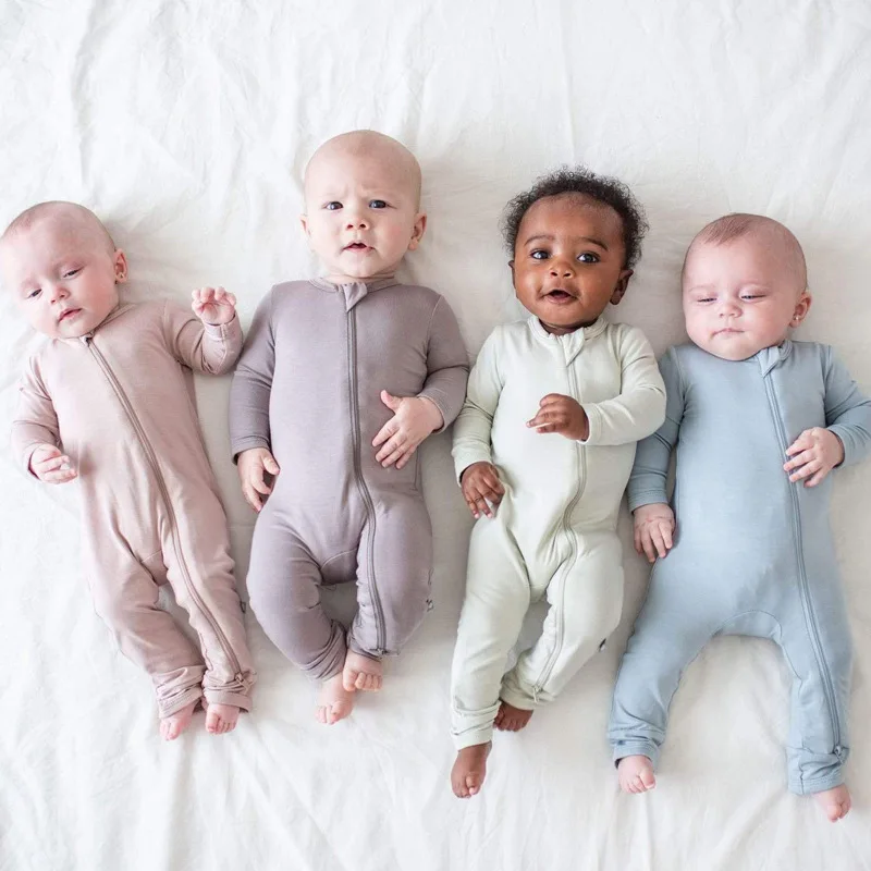 Customized Design Bamboo Spandex Baby Footie Romper Newborn Long Sleeve Plain Baby Organic Cotton Baby Pajamas Clothes